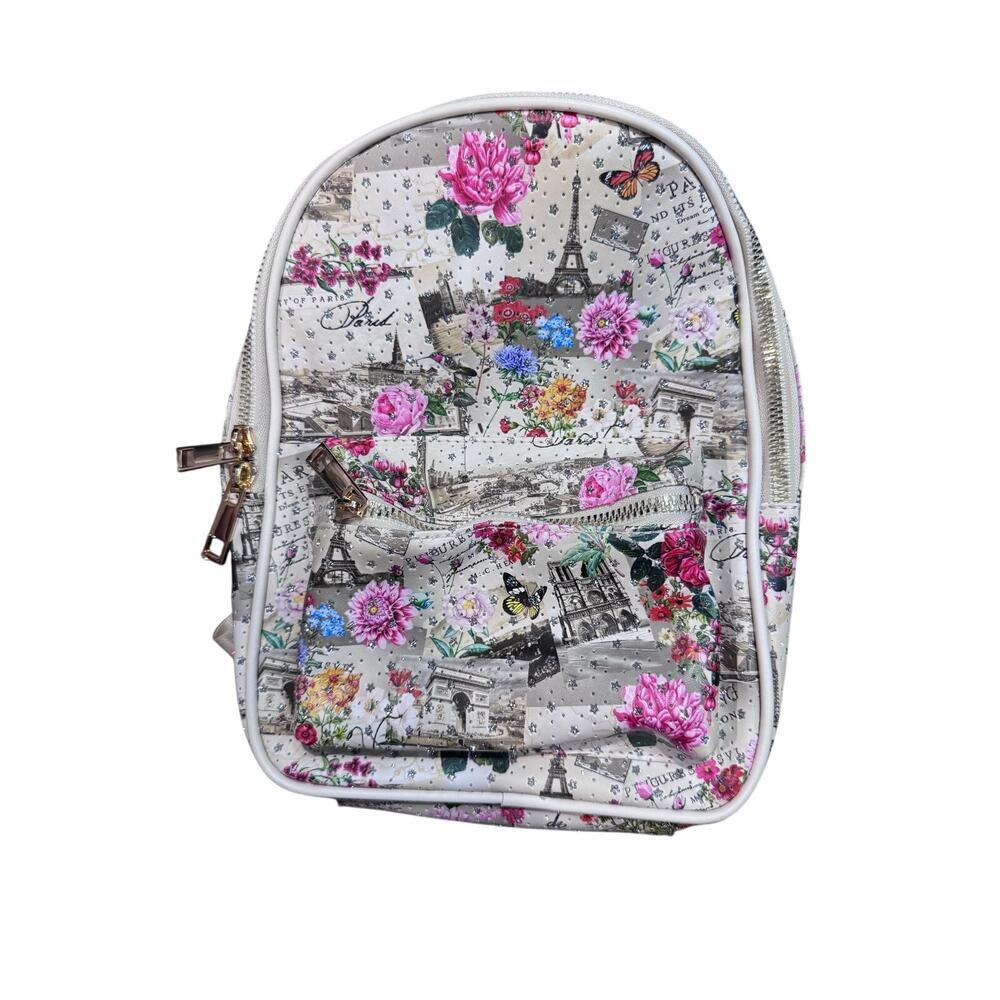 Blush Kiss Paris Floral Backpack NWT Eiffel Tower Vegan Mini Bag Cute Pink